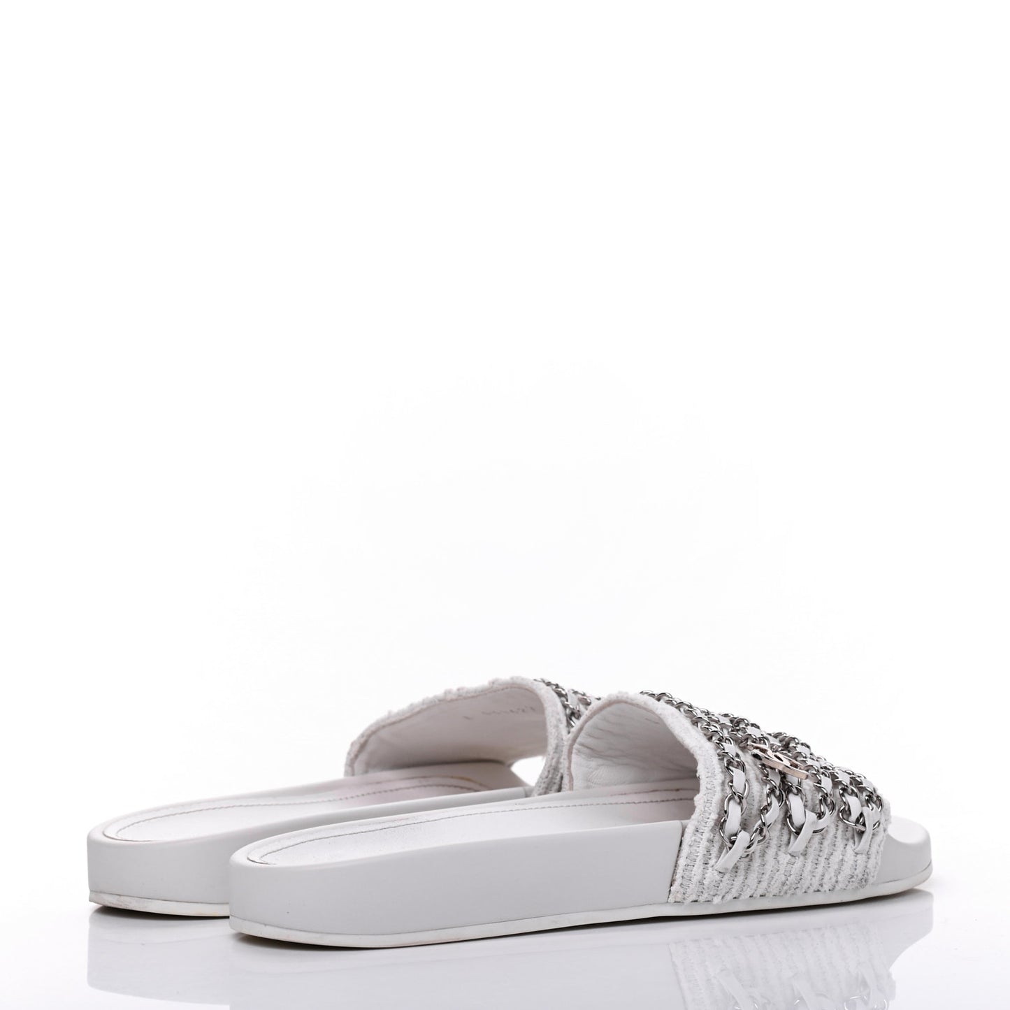 Tweed Lambskin Chain Flat Sandals 38 White