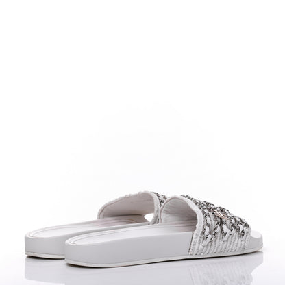 Chanel Tweed Lambskin Chain Flat Sandals 38 White 4 of 12