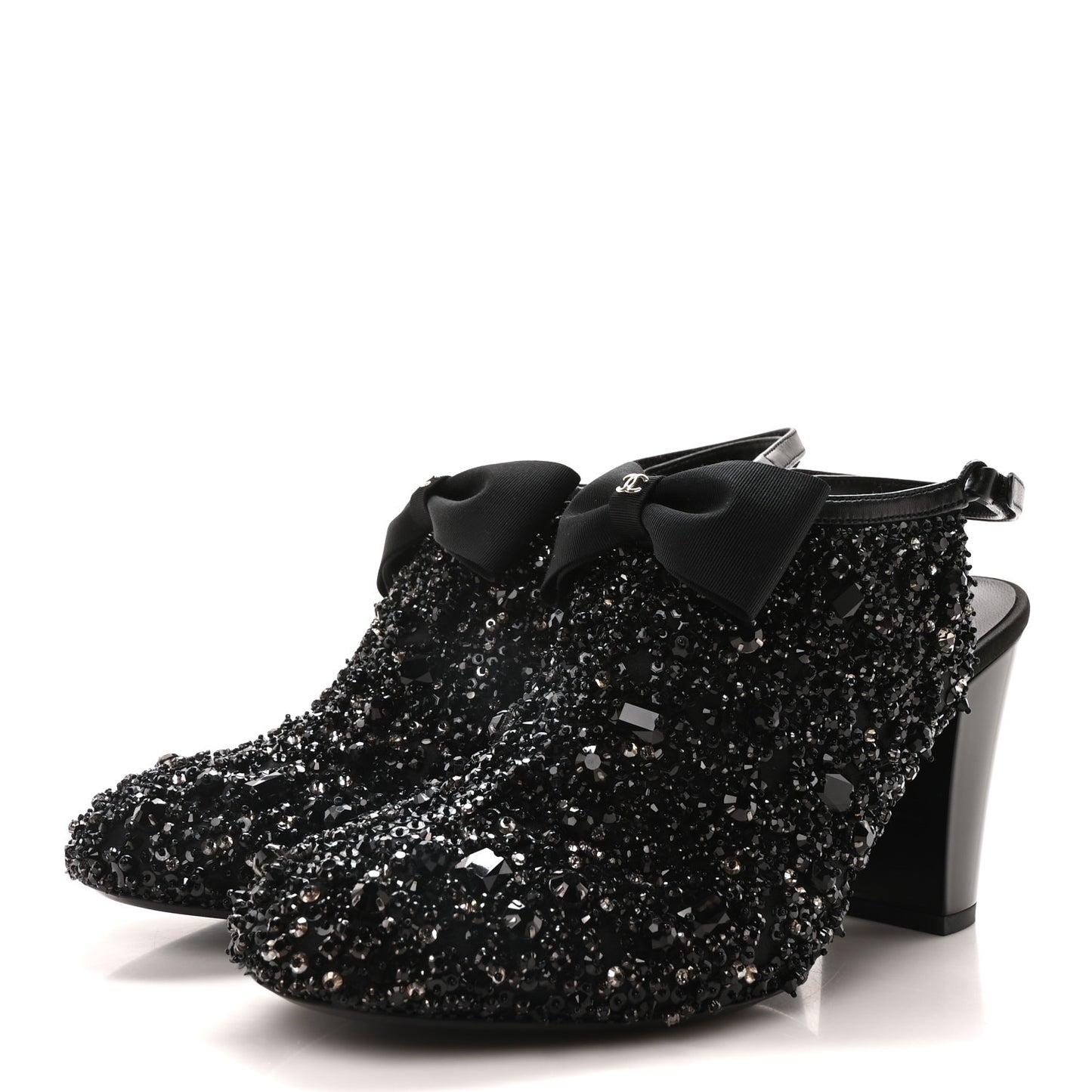 Grosgrain Beaded Bow Slingback Boots 38.5 Black