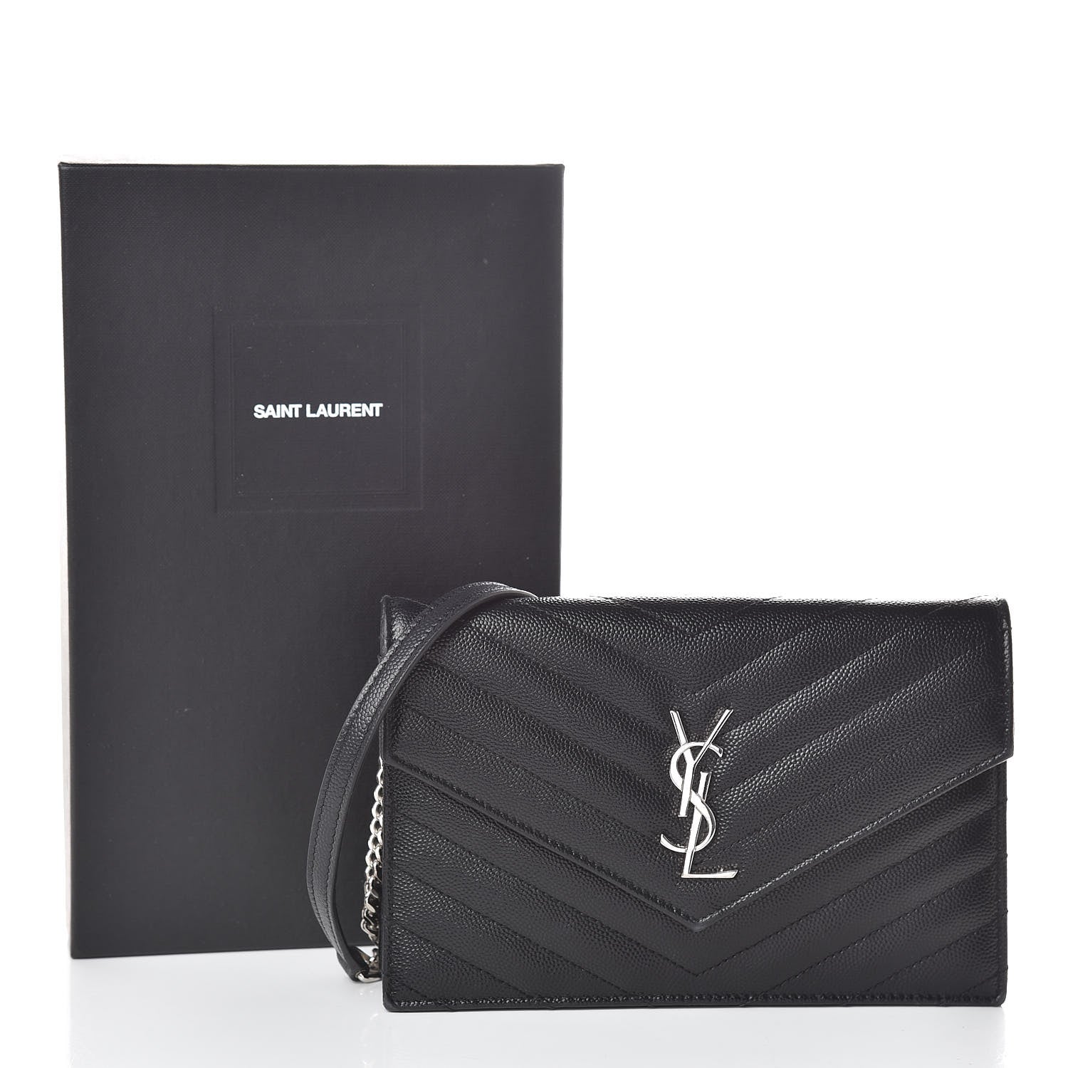 Saint Laurent Grain De Poudre Matelasse Chevron Monogram Envelope Chain Wallet Black 9 of 9
