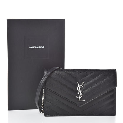 Saint Laurent Grain De Poudre Matelasse Chevron Monogram Envelope Chain Wallet Black 9 of 9
