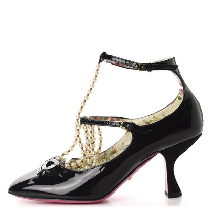 Gucci Patent Pearl Taide T-Strap Mid Heel Pumps 38 Black 1 of 10