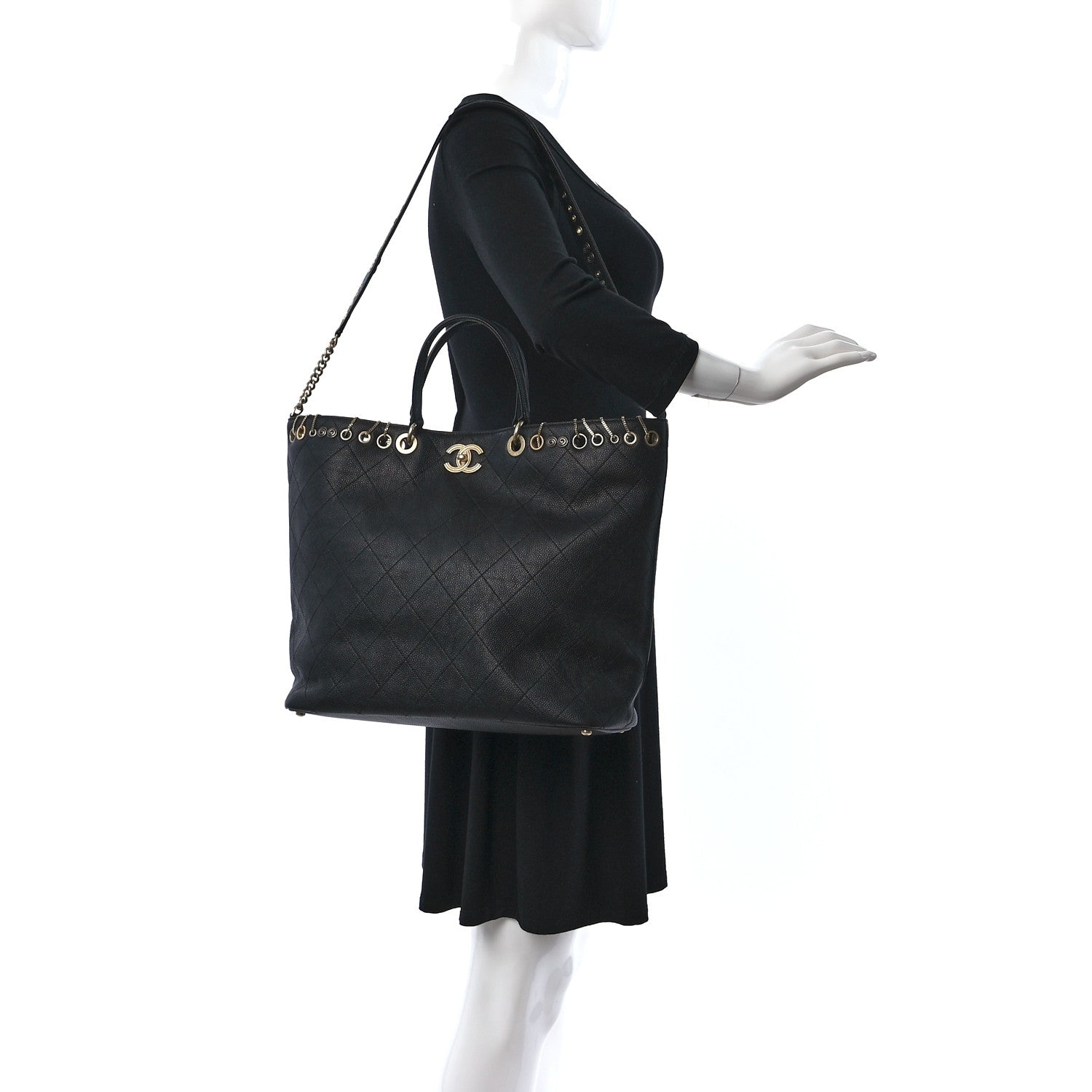 Chanel Caviar Quilted Grommet Embellished Piercing Chic Tote Bag Black 2 of 9