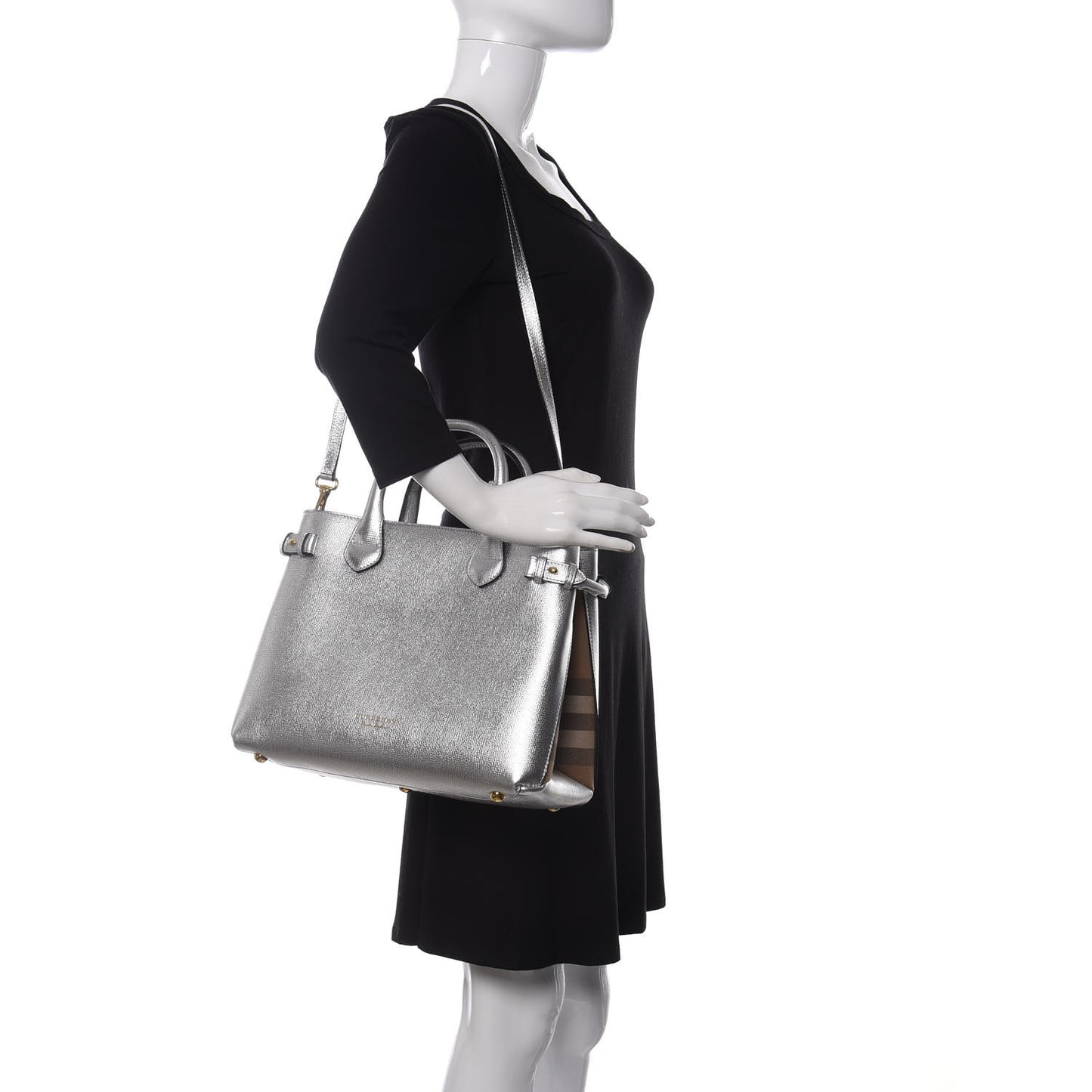 Metallic Grainy Calfskin House Check Medium Banner Tote Silver