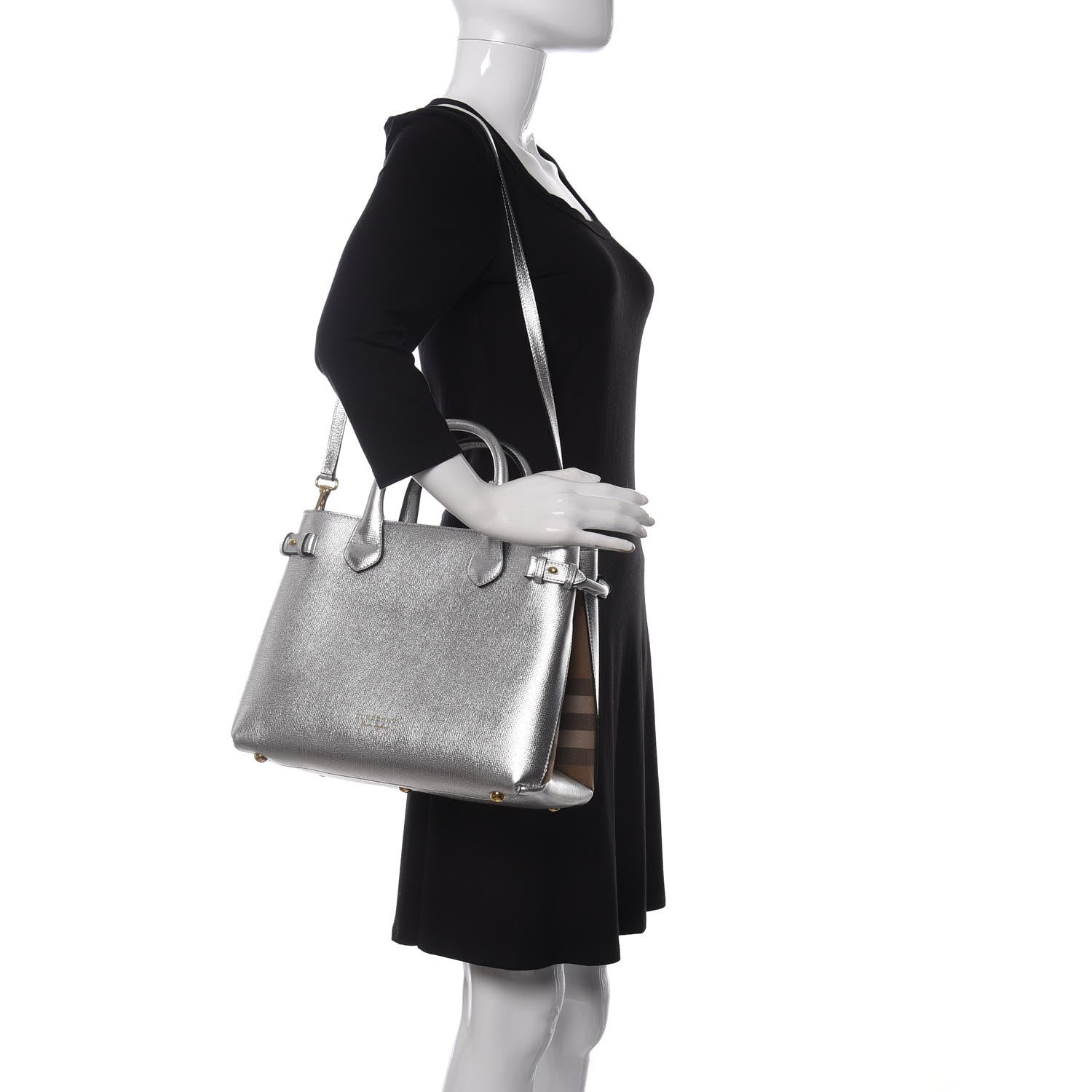 Burberry Metallic Grainy Calfskin House Check Medium Banner Tote Silver 2 of 8