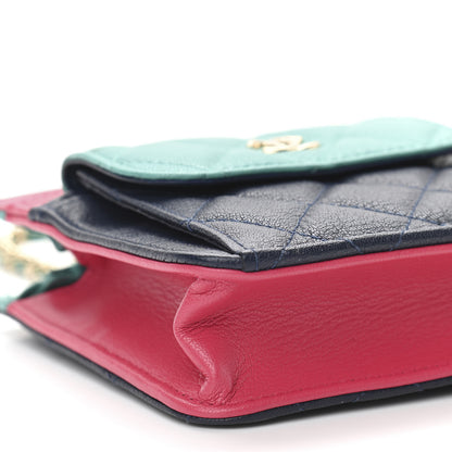 Chanel Goatskin Quilted Tri-Color In & Out Chain Wallet Navy Turquoise Pink 10 of 12