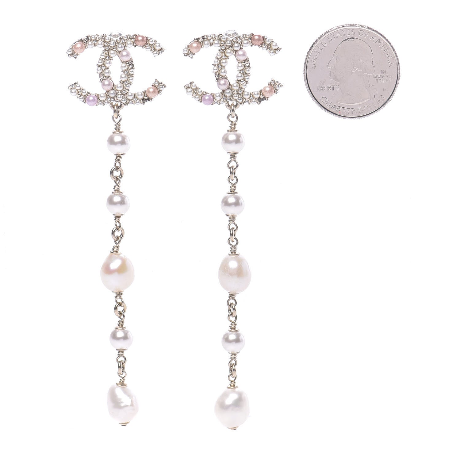 Chanel Pearl Crystal CC Charms Dangle Earrings Light Gold Pink 2 of 5