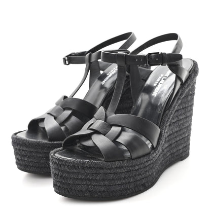 Saint Laurent Calfskin Tribute 95 Platform Espadrille Wedge Sandals 37 Black 4 of 9