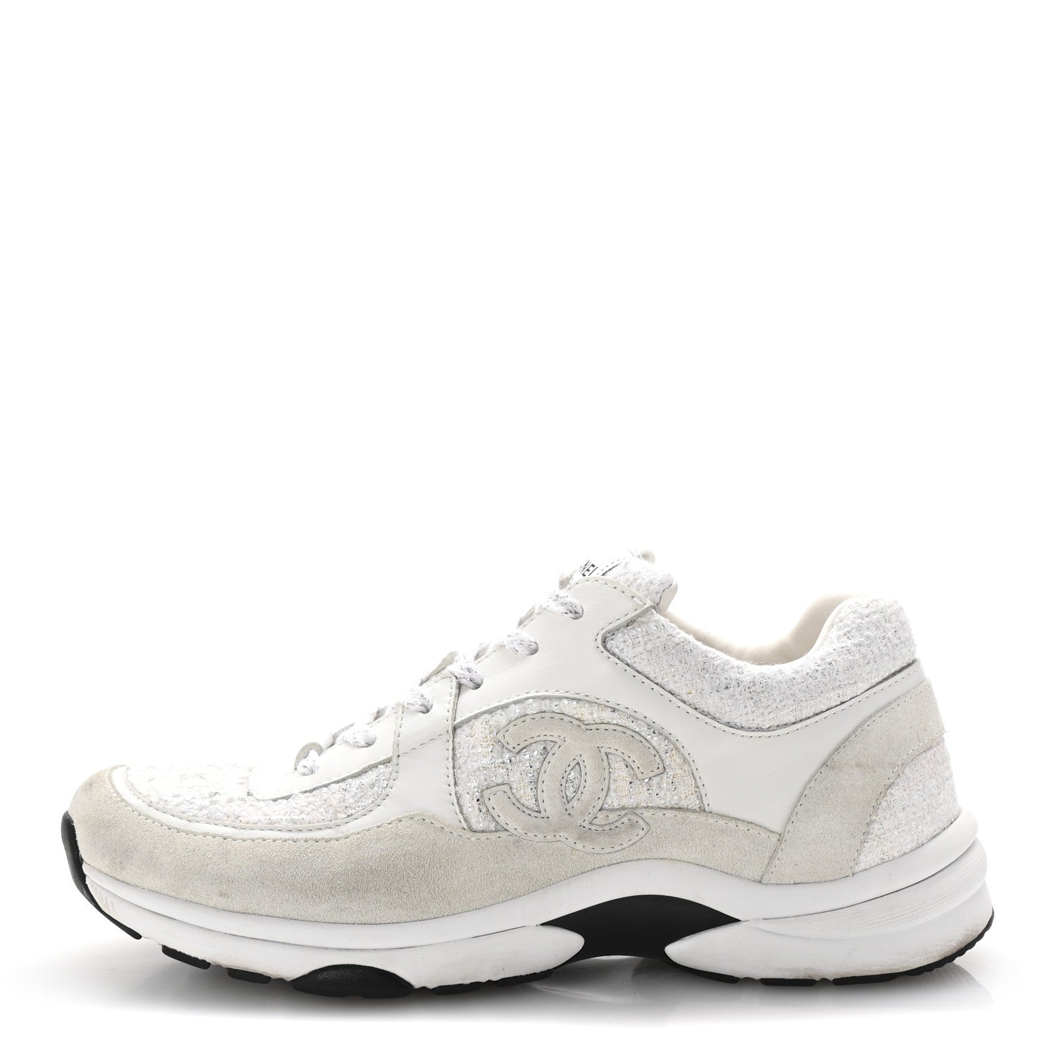 Chanel Painted Iridescent Cotton Tweed Suede Womens CC Sneakers 41 White Silver Multicolor 1 of 10