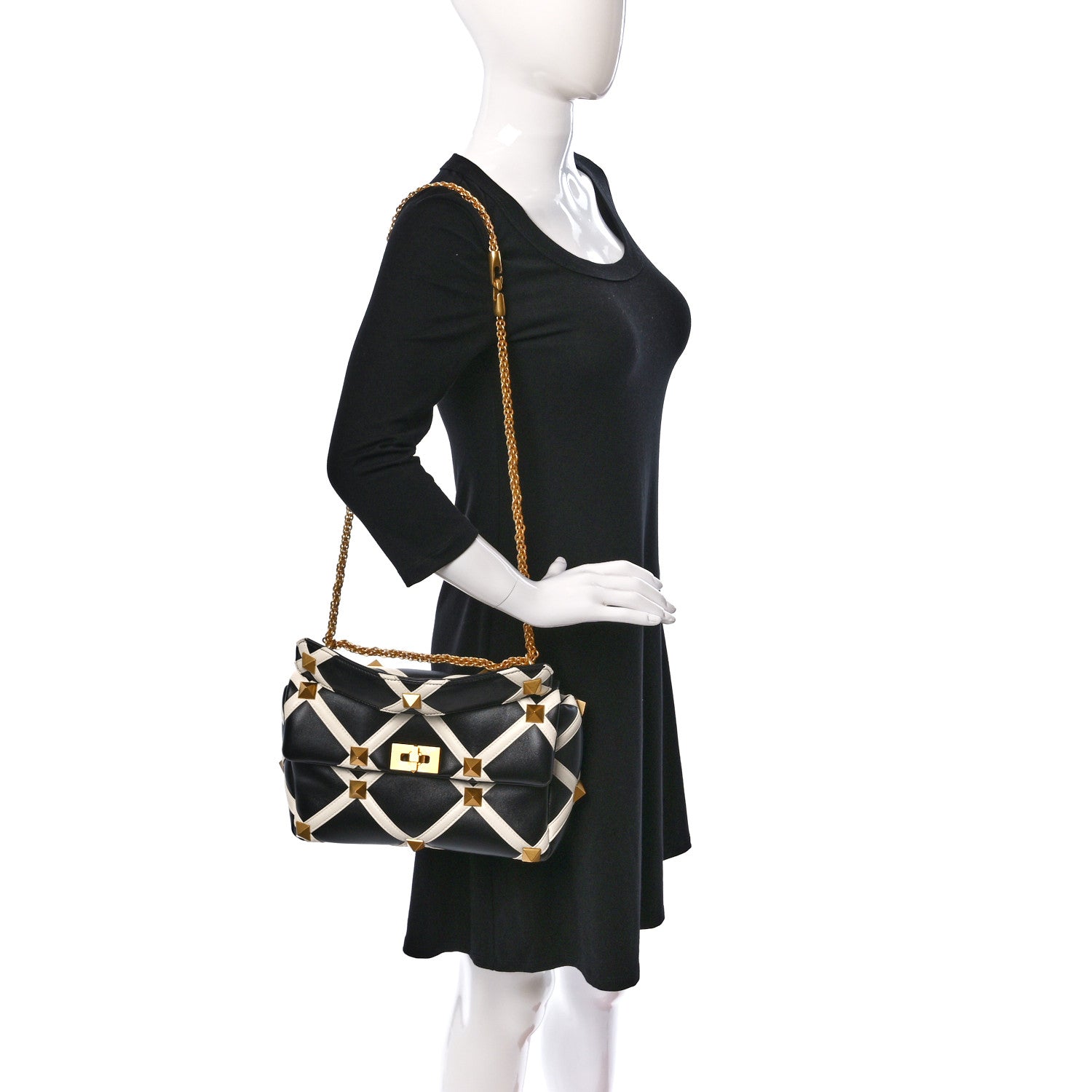 Valentino Garavani Nappa Large Roman Stud Shoulder Bag Black White 2 of 10