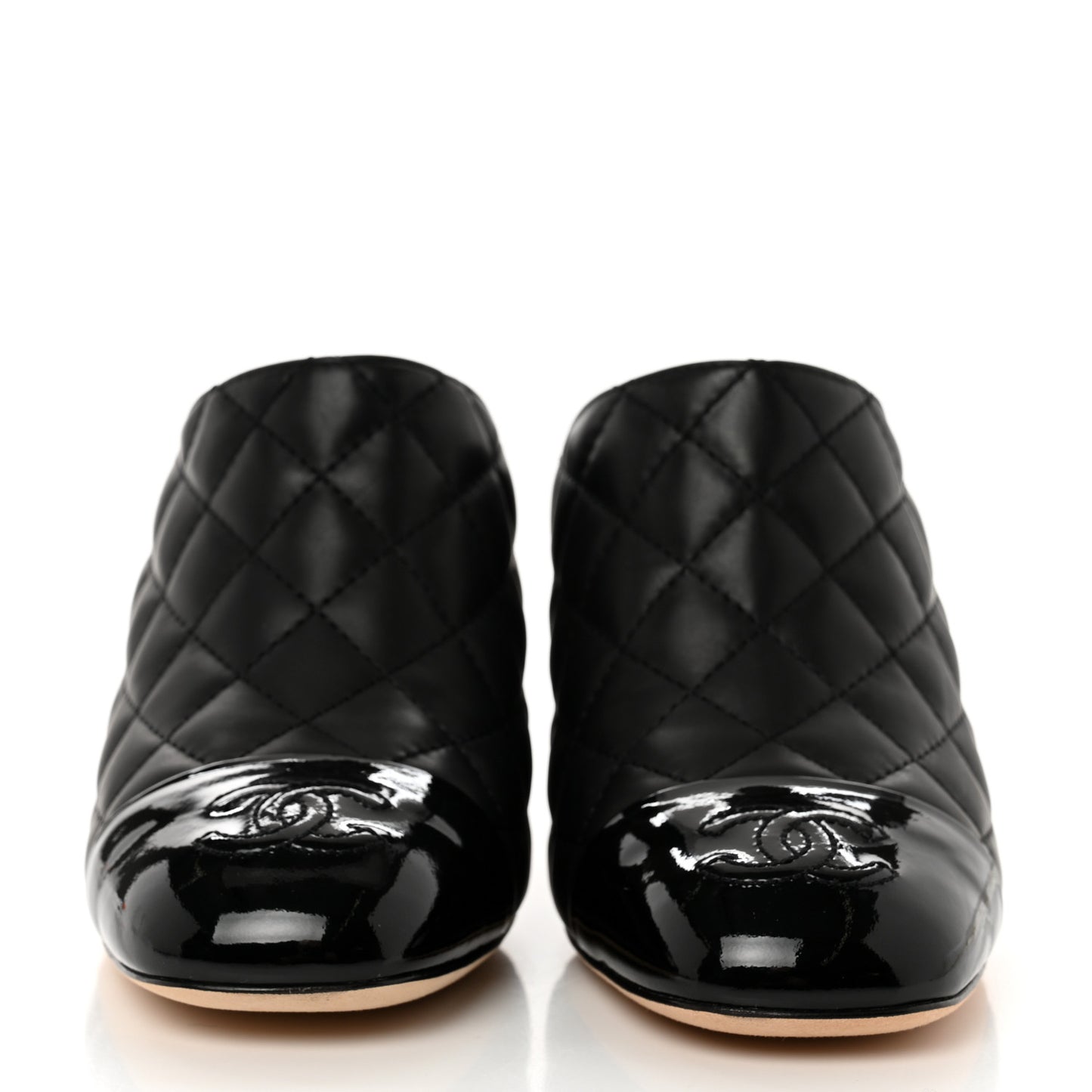 Patent Calfskin Quilted Cap Toe CC Mules 37 Black