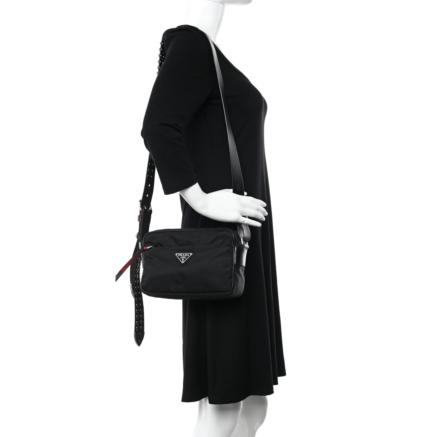 Prada Tessuto Nylon Studded New Vela Shoulder Bag Black Fuoco 2 of 14
