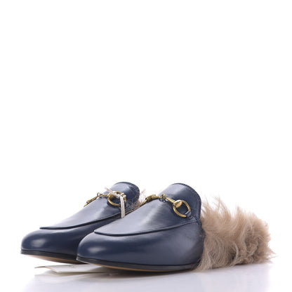 Gucci Malaga Kid Fur Womens Princetown Slippers 34.5 Blue Agata 3 of 9