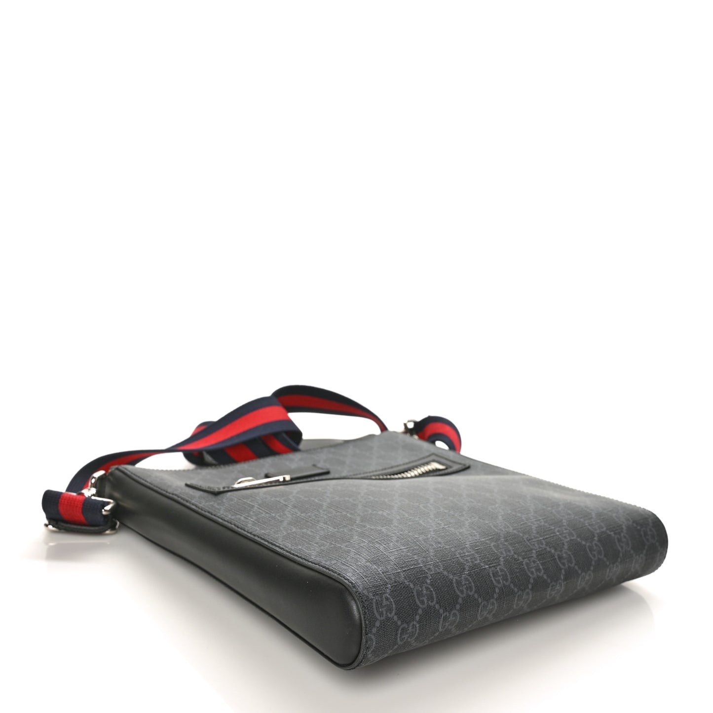 GG Supreme Monogram Appia Calfskin Web Flat Messenger Bag Black Grey