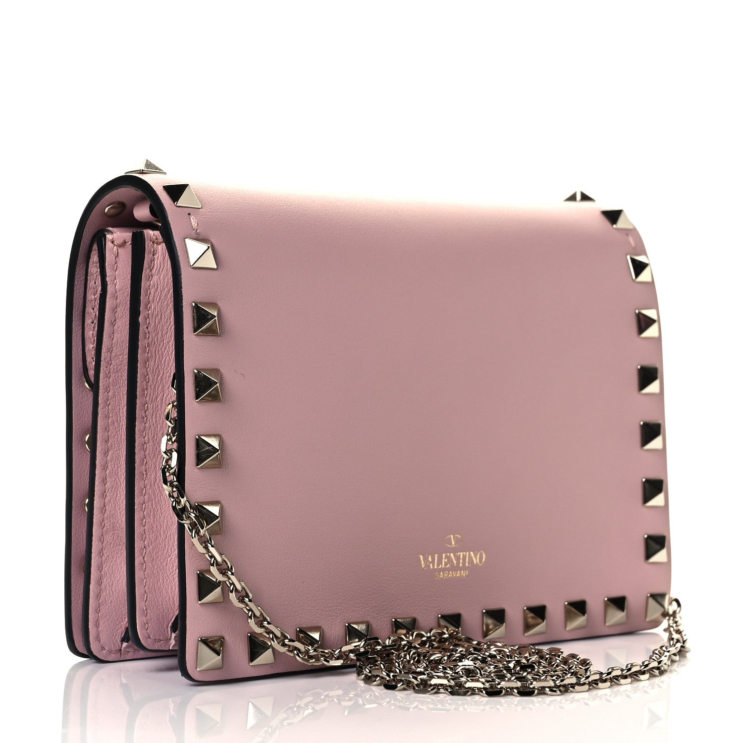 Valentino Garavani Calfskin Rockstud Wallet On Chain Water Rose 2 of 8