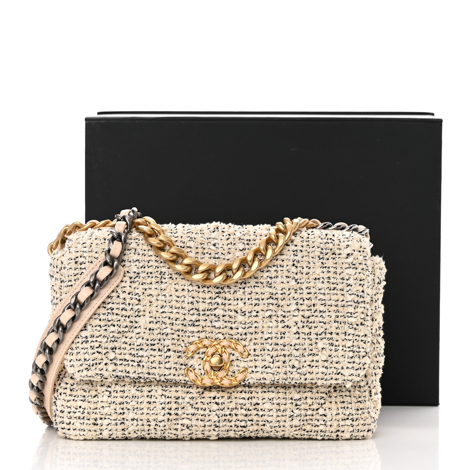Chanel Tweed Quilted Medium Chanel 19 Flap Ecru Black 11 of 11