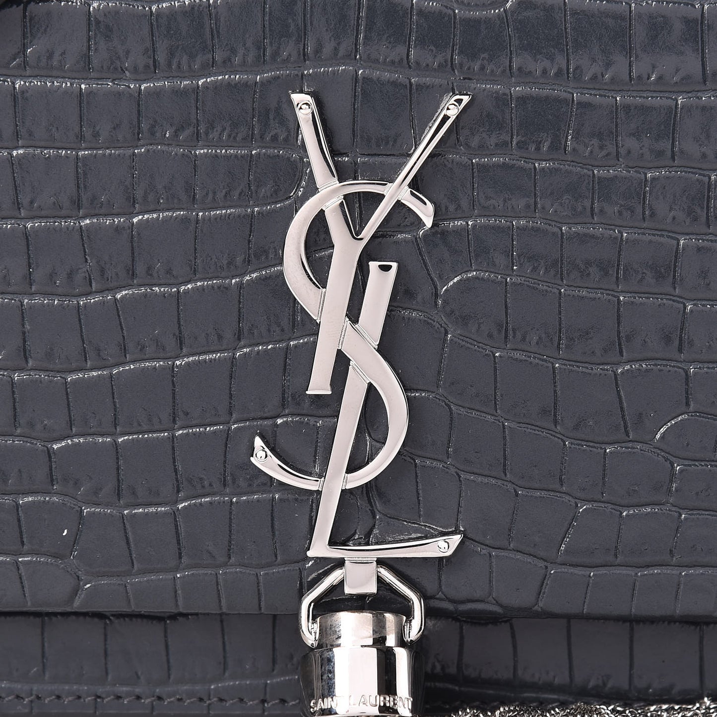 Calfskin Crocodile Embossed Kate Monogram Tassel Chain Wallet Dark Smog