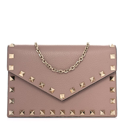 Valentino Garavani Pebbled Calfskin Rockstud Envelope Wallet on Chain Poudre 1 of 11