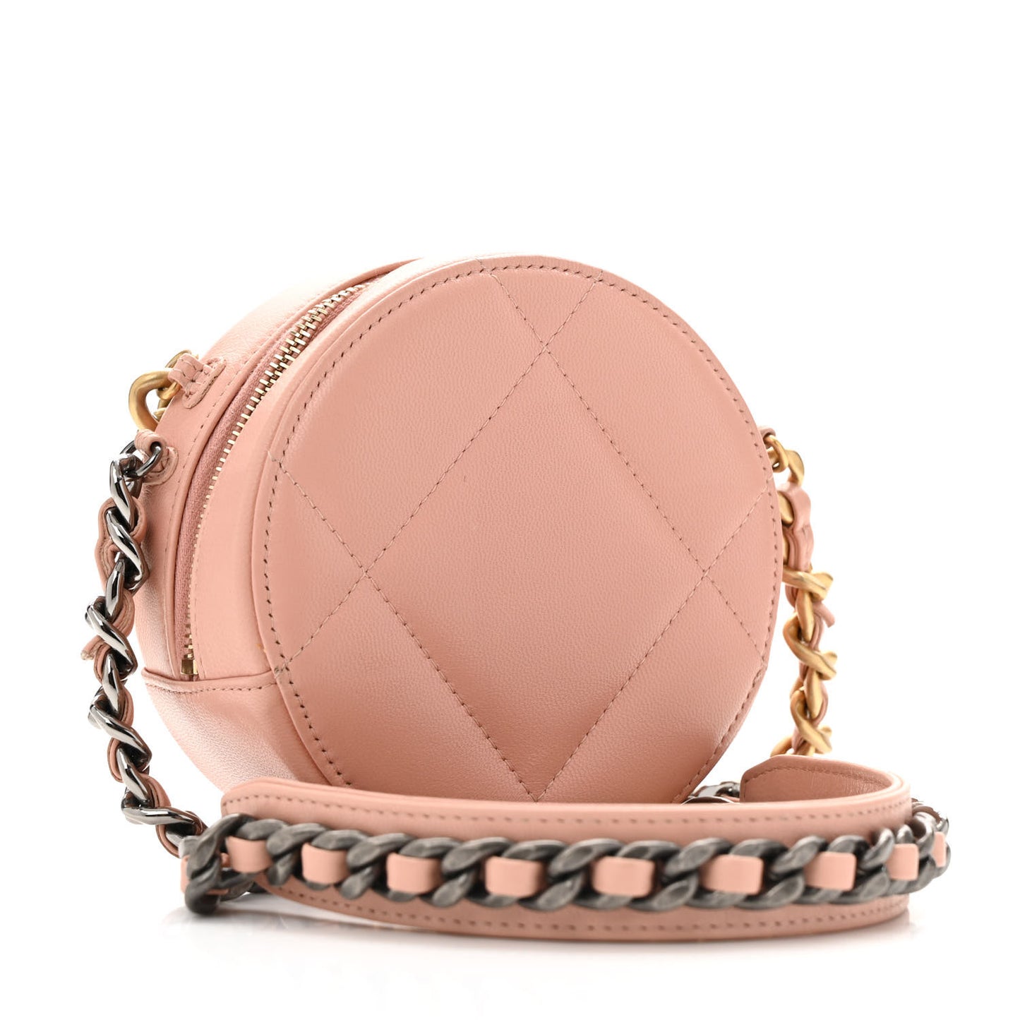 Lambskin Quilted Chanel 19 Round Clutch With Chain Light Pink
