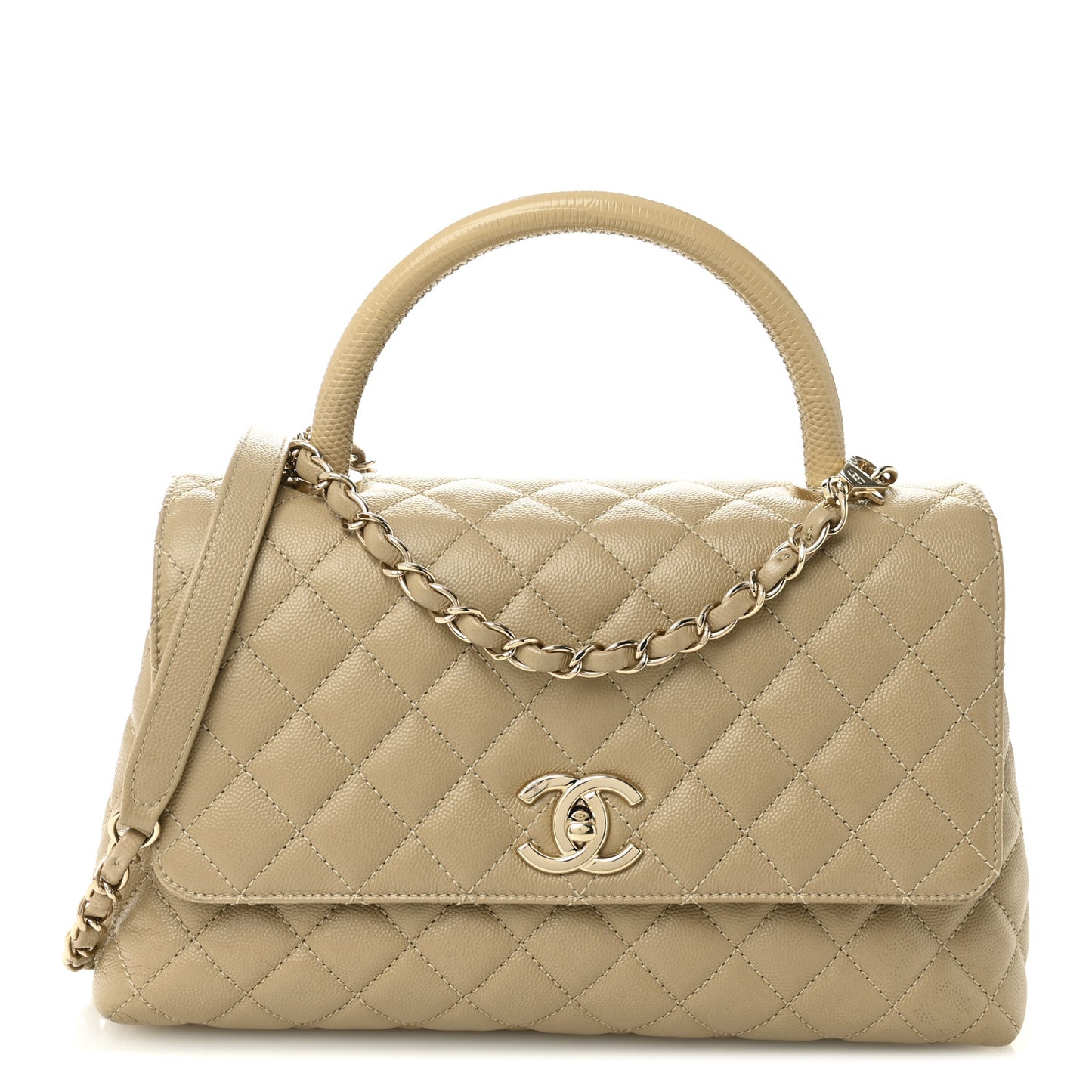 Caviar Lizard Embossed Quilted Small Coco Handle Flap Dark Beige