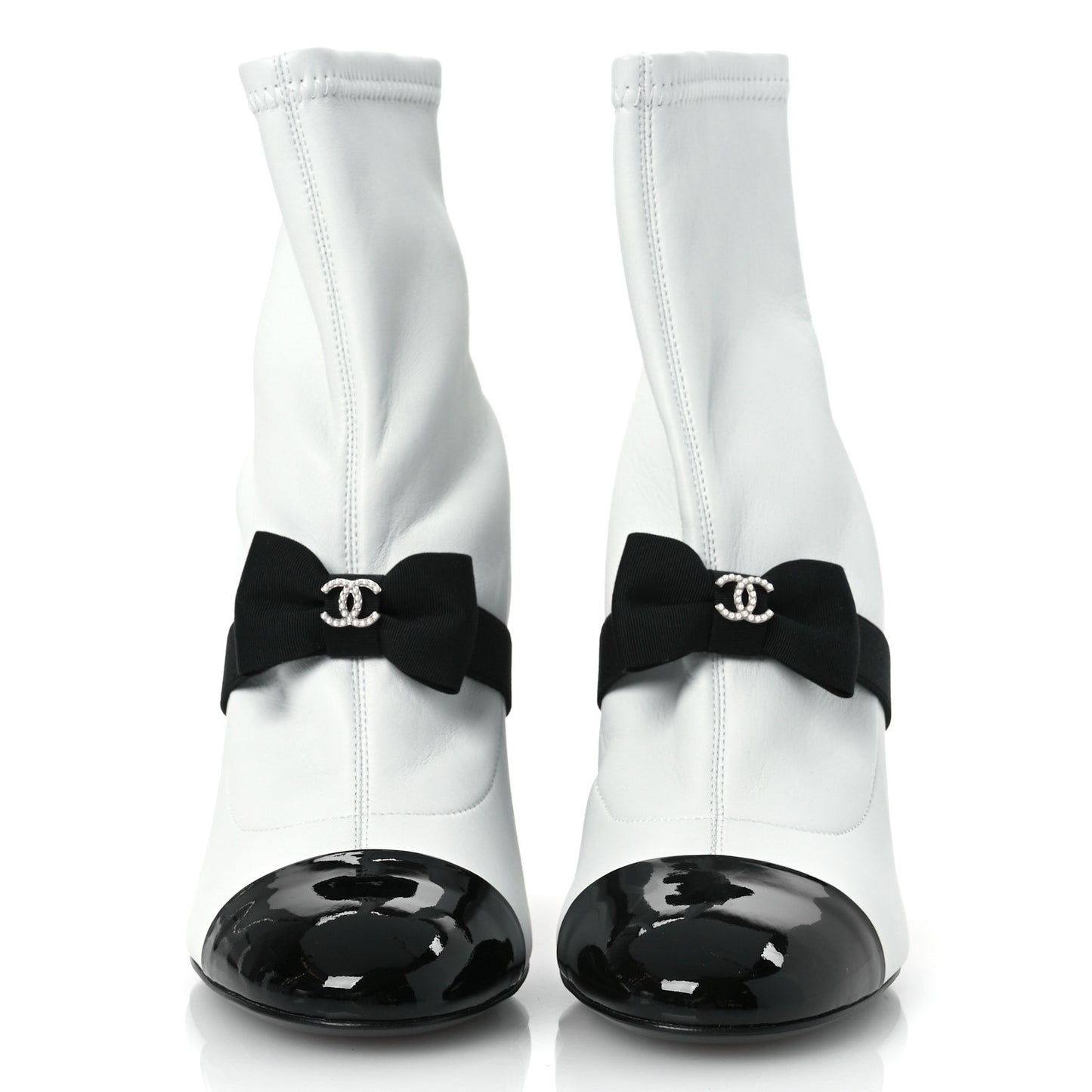 Stretch Lambskin Patent Calfskin Pearl CC Bow Cap Toe Short Boots 37 White Black