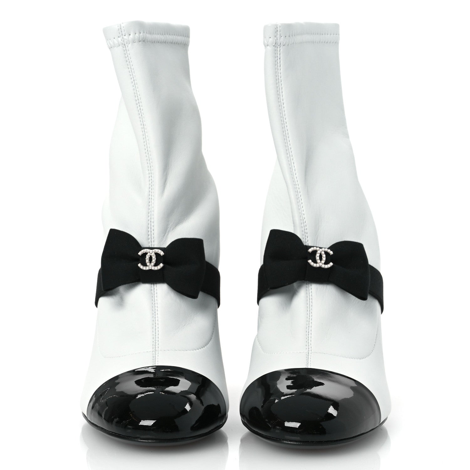 Chanel Stretch Lambskin Patent Calfskin Pearl CC Bow Cap Toe Short Boots 37 White Black 3 of 11
