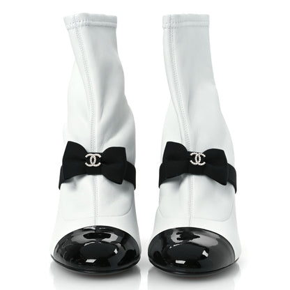 Chanel Stretch Lambskin Patent Calfskin Pearl CC Bow Cap Toe Short Boots 37 White Black 3 of 11
