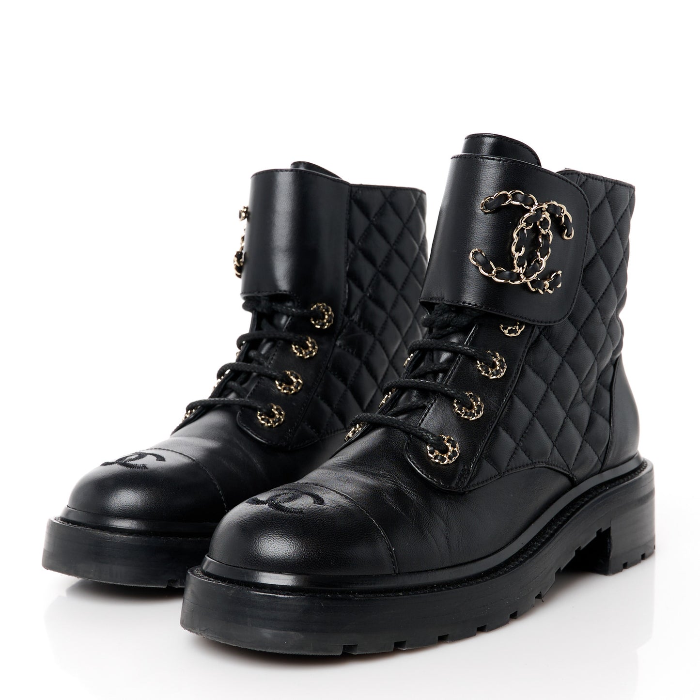 Shiny Goatskin Calfskin Quilted Lace Up Combat Boots 38 Black