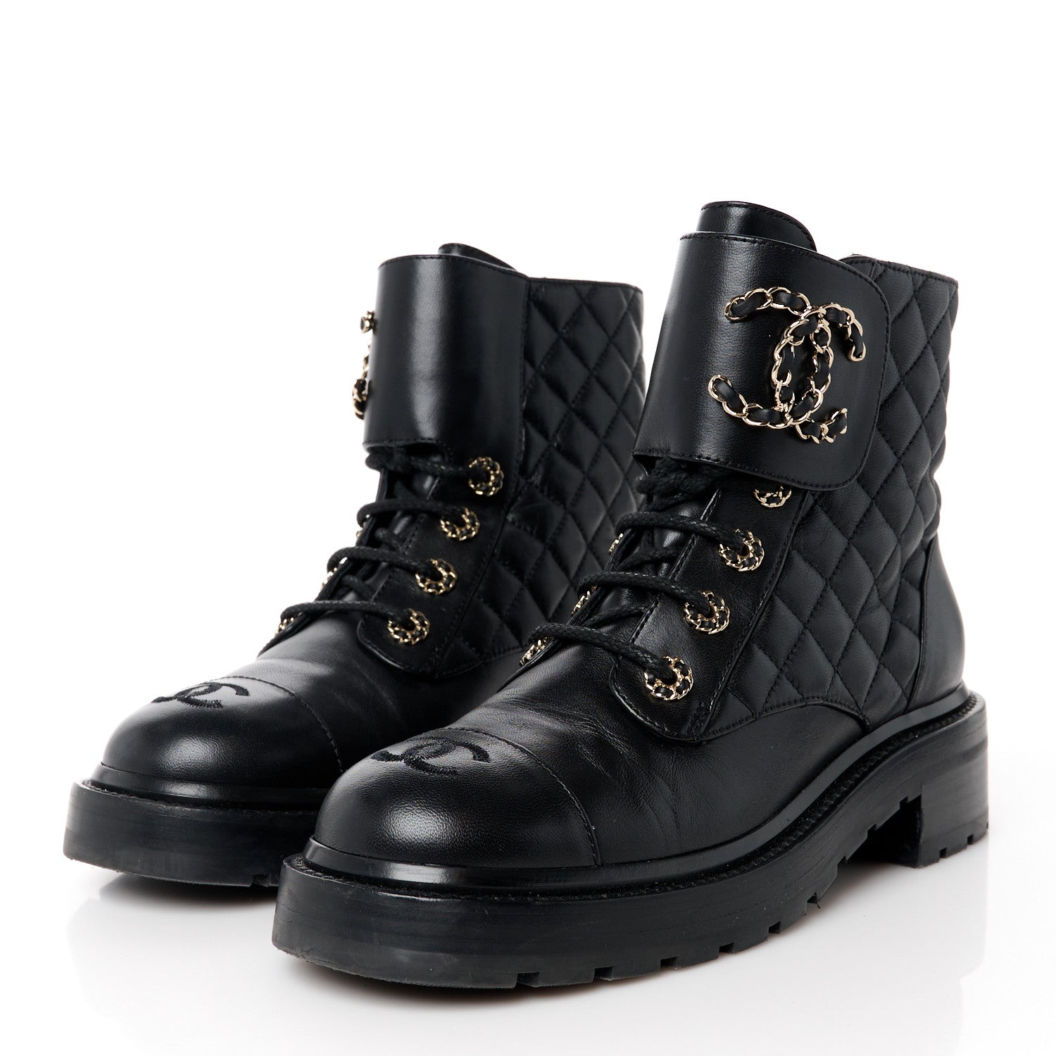 Chanel Shiny Goatskin Calfskin Quilted Lace Up Combat Boots 38 Black 3 of 11
