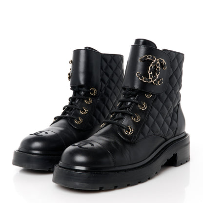 Chanel Shiny Goatskin Calfskin Quilted Lace Up Combat Boots 38 Black 3 of 11