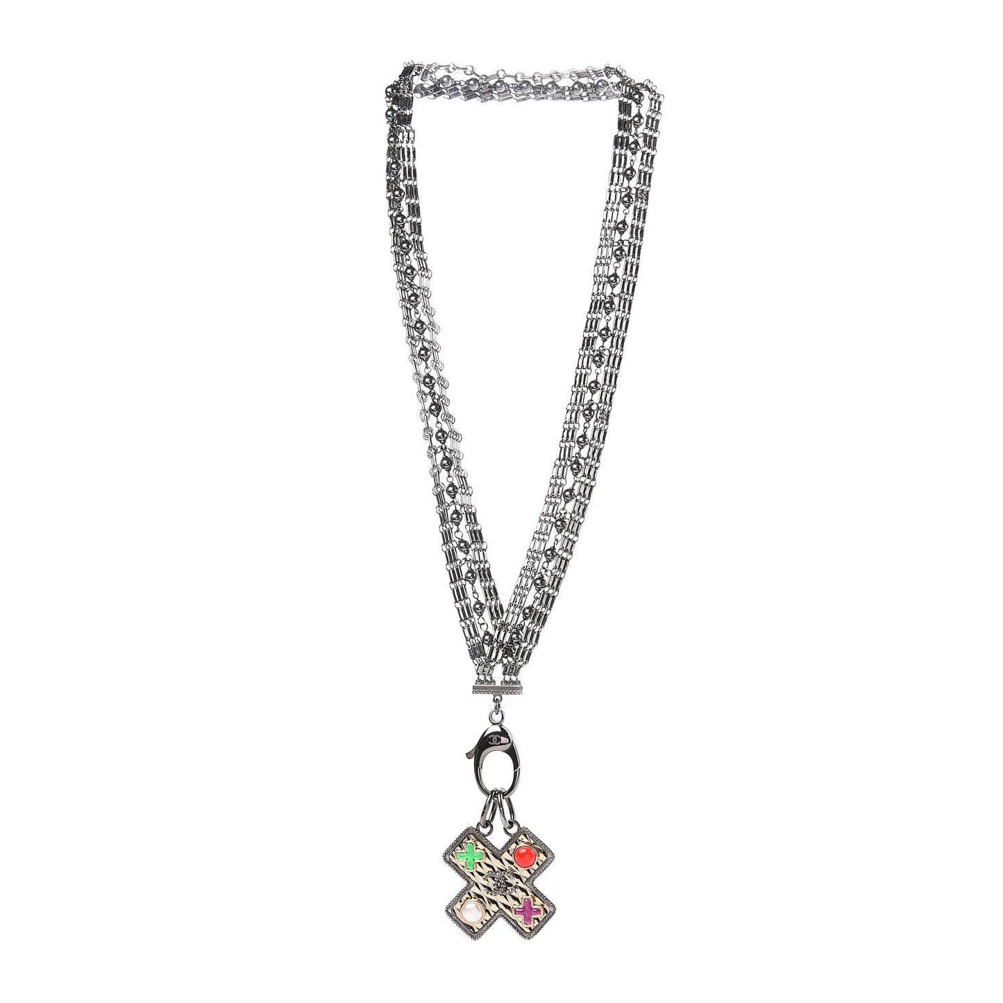 Ruthenium Resin Pearl CC Cross Long Pendant Necklace Multicolor