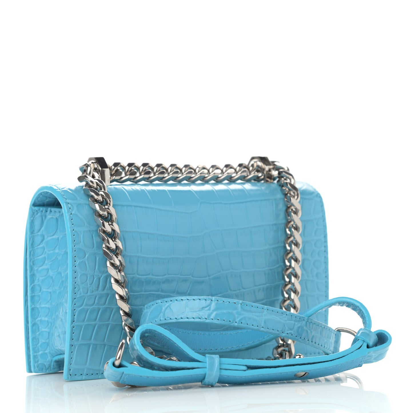 Calfskin Crocodile Embossed Knuckle Shoulder Bag Cerulean
