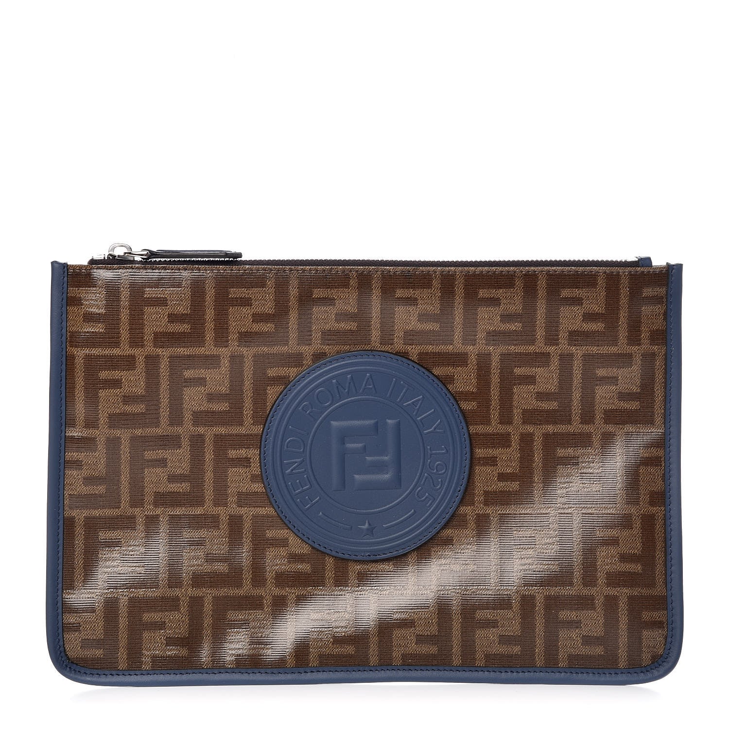 Fendi Glazed Fabric Vitello Century FF 1974 Stamp Patch Flat Pouch Mogano Panna Iris 1 of 8