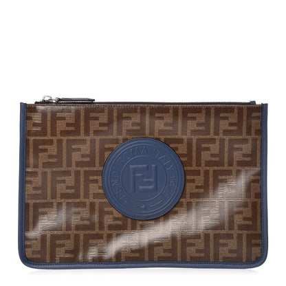 Fendi Glazed Fabric Vitello Century FF 1974 Stamp Patch Flat Pouch Mogano Panna Iris 1 of 8
