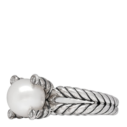 David Yurman Sterling Silver Diamond Cultured Pearl 10mm Cable Ring 57 8 3 of 5