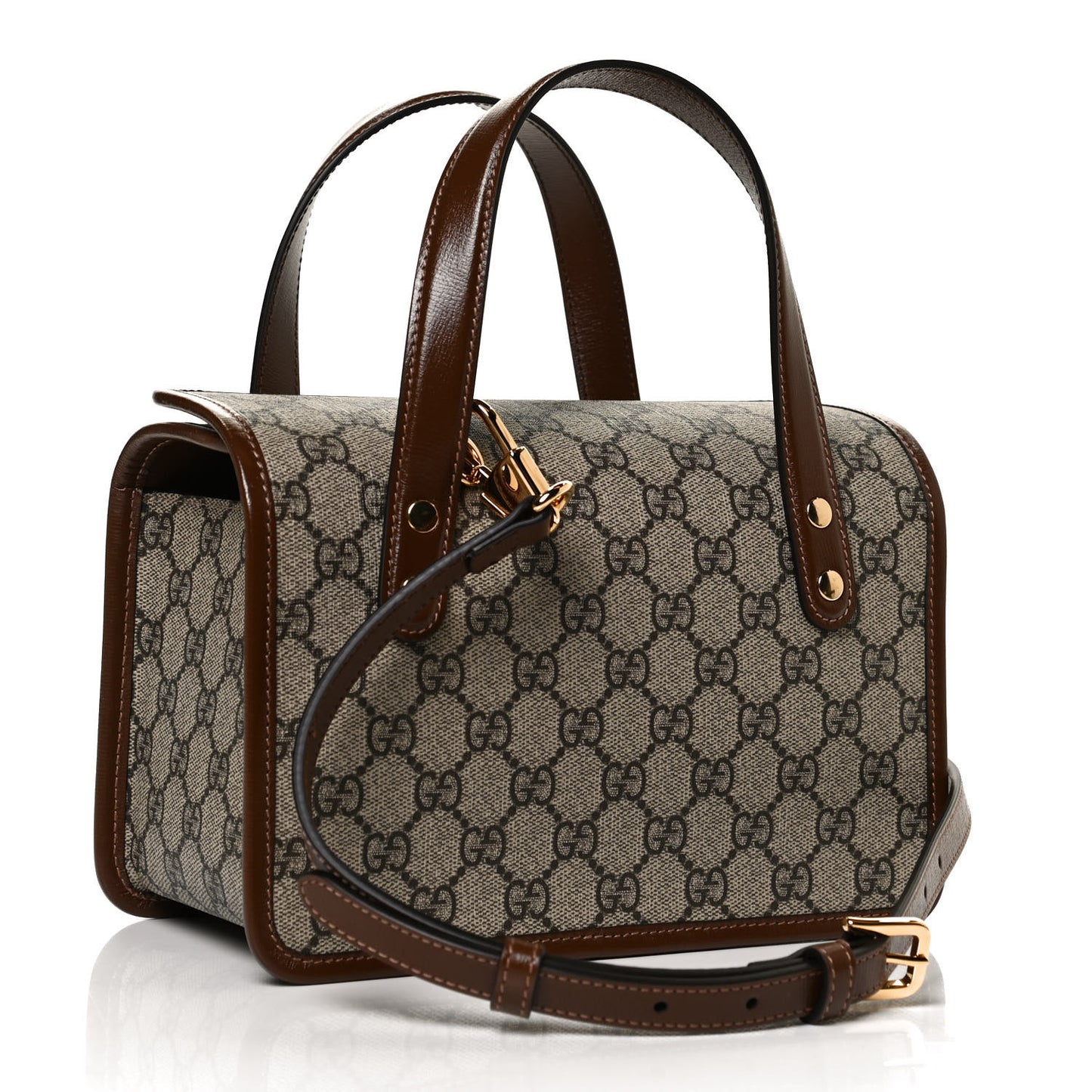 GG Supreme Monogram Azalea Calfskin Mini Horsebit 1955 Foldover Top Handle Bag Beige Ebony Brown Sugar