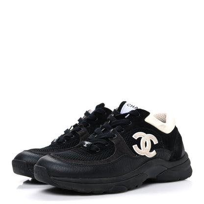 Chanel Mesh Suede Grained Calfskin Womens CC Sneakers 37.5 Black White 4 of 10