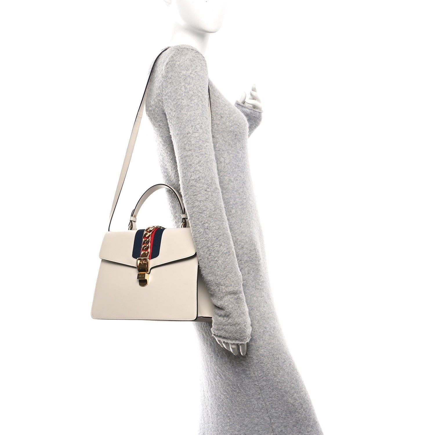 Gucci Calfskin Web Medium Sylvie Top Handle Bag White 2 of 10