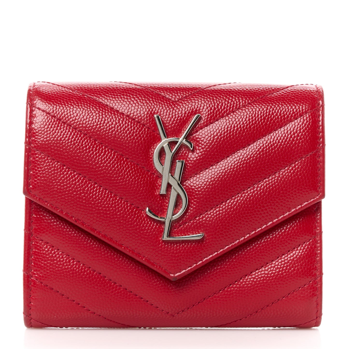 Grain De Poudre Matelasse Chevron Monogram Compact Tri Fold Wallet Red