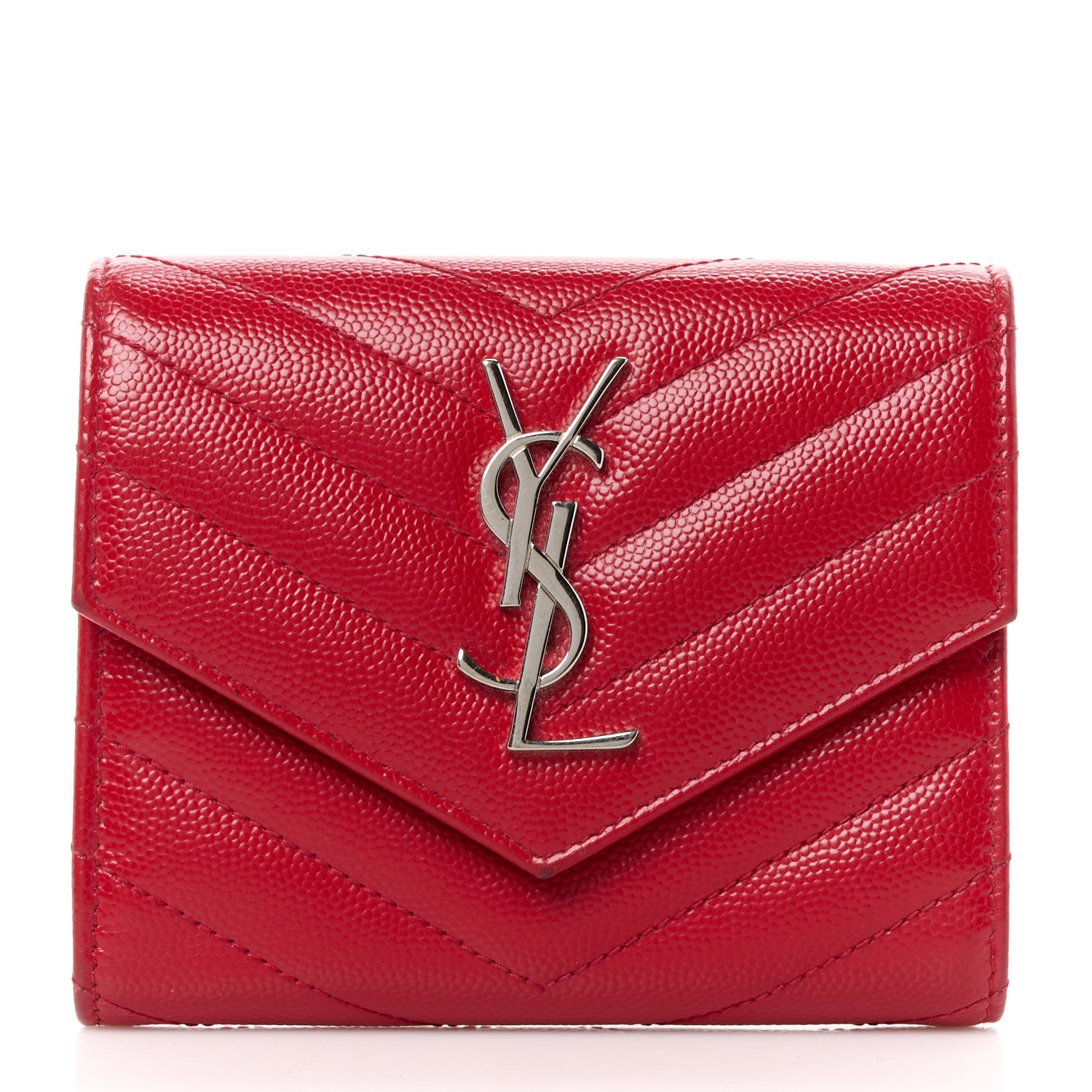 Saint Laurent Grain De Poudre Matelasse Chevron Monogram Compact Tri Fold Wallet Red 1 of 11