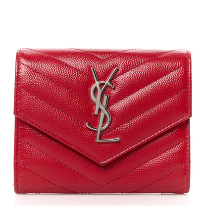 Saint Laurent Grain De Poudre Matelasse Chevron Monogram Compact Tri Fold Wallet Red 1 of 11