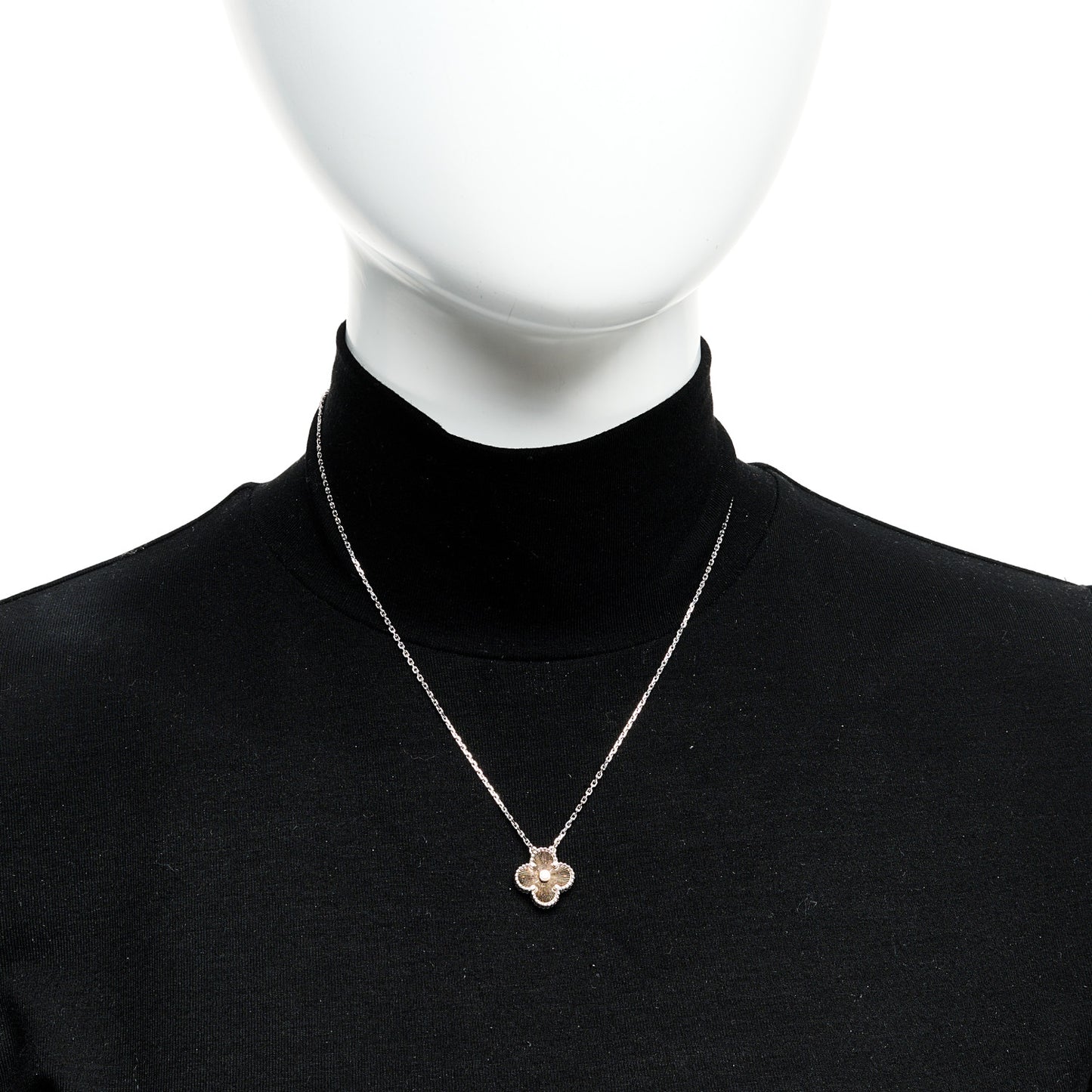 18K White Rose Gold Diamond Guilloche Vintage Alhambra Pendant Necklace