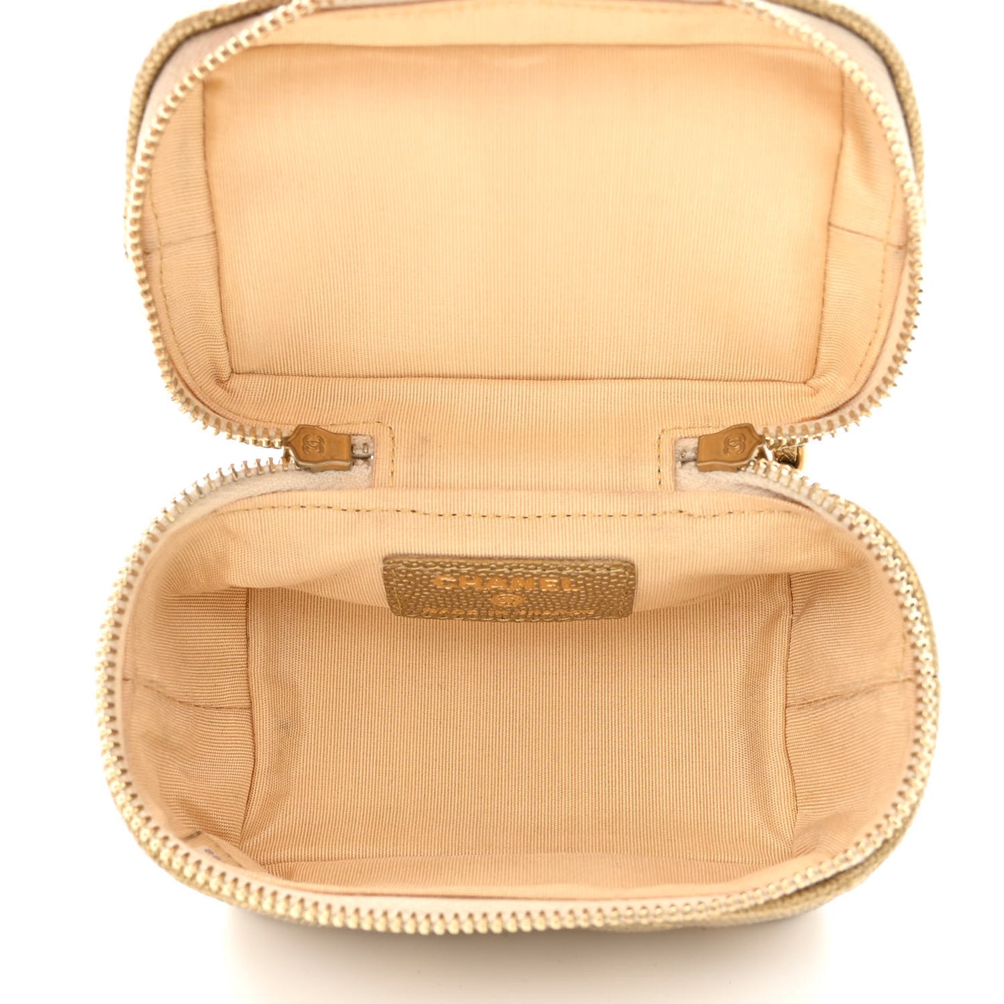 Metallic Caviar Quilted Mini Top Handle Vanity With Chain Gold