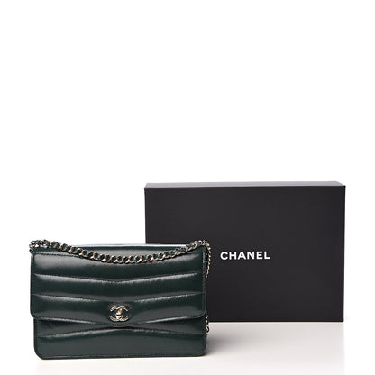 Chanel Lambskin Chevron Quilted Wallet On Chain WOC Dark Green 12 of 12