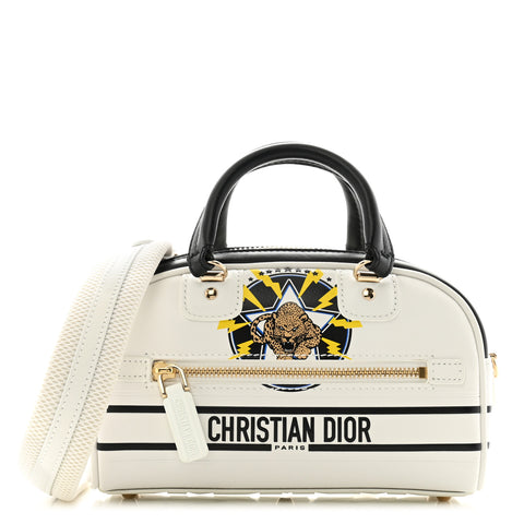 Calfskin Animal Print Micro Dior Vibe Zip Bowling Bag White Multicolor