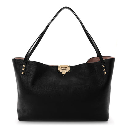Valentino Garavani Grainy Calfskin Medium Rockstud Tote Black Rose Quartz 1 of 9