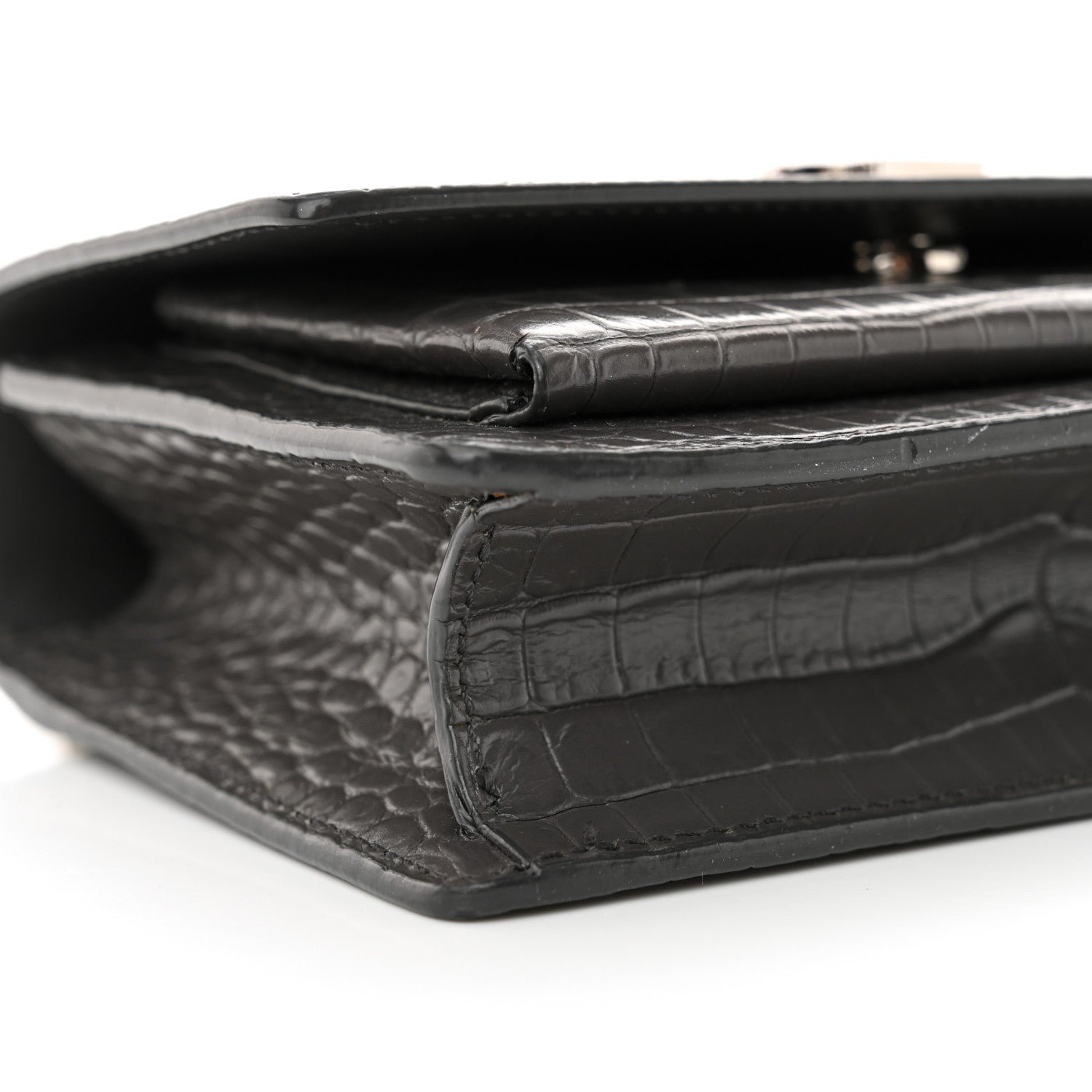 Saint Laurent Calfskin Crocodile Embossed Monogram Sunset Chain Wallet Graphite 9 of 12