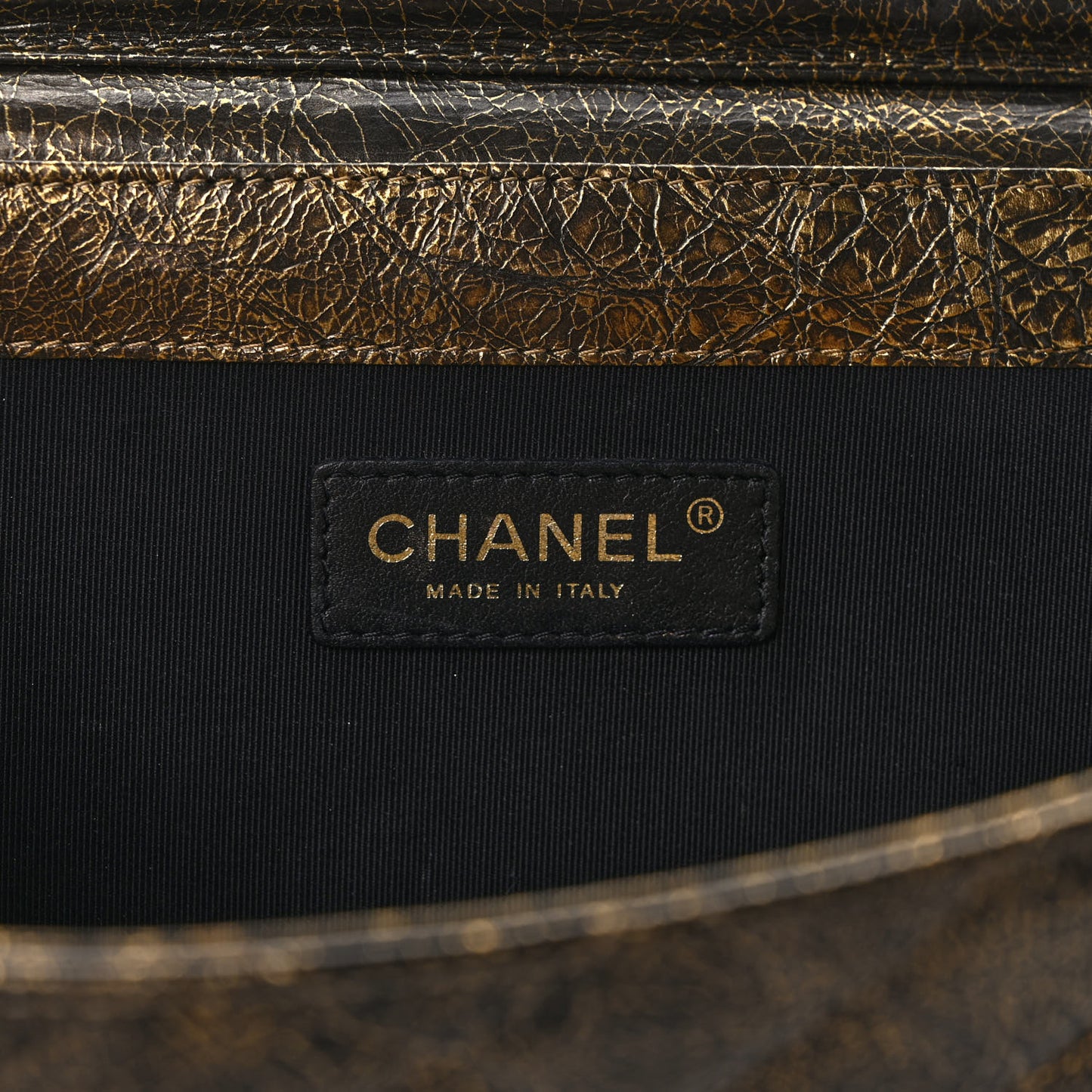 Cracked Metallic Calfskin Quilted Zip Away Chain Clutch Gold