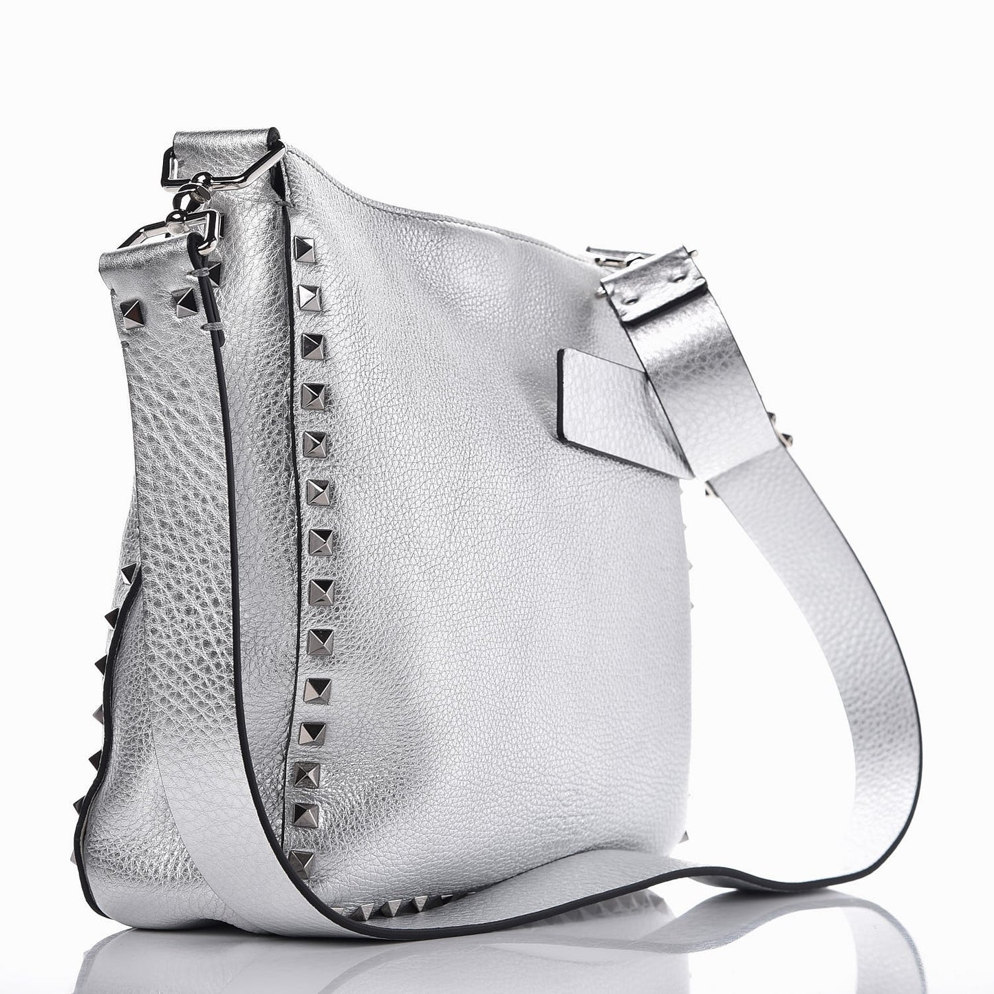 Metallic Pebbled Calfskin Small Rockstud Flip-Lock Messenger Bag Silver