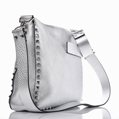 Valentino Garavani Metallic Pebbled Calfskin Small Rockstud Flip-Lock Messenger Bag Silver 3 of 6